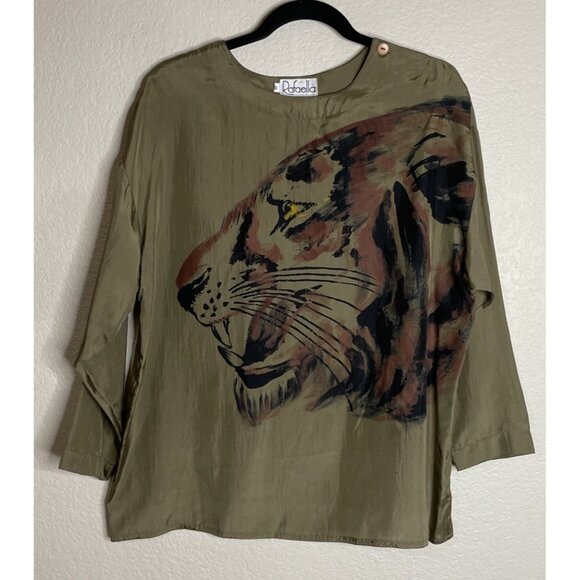Rafaella Womens Small Colorful Tiger Painted Silk Top Blouse Artsy Career Travel - Picture 1 of 7
